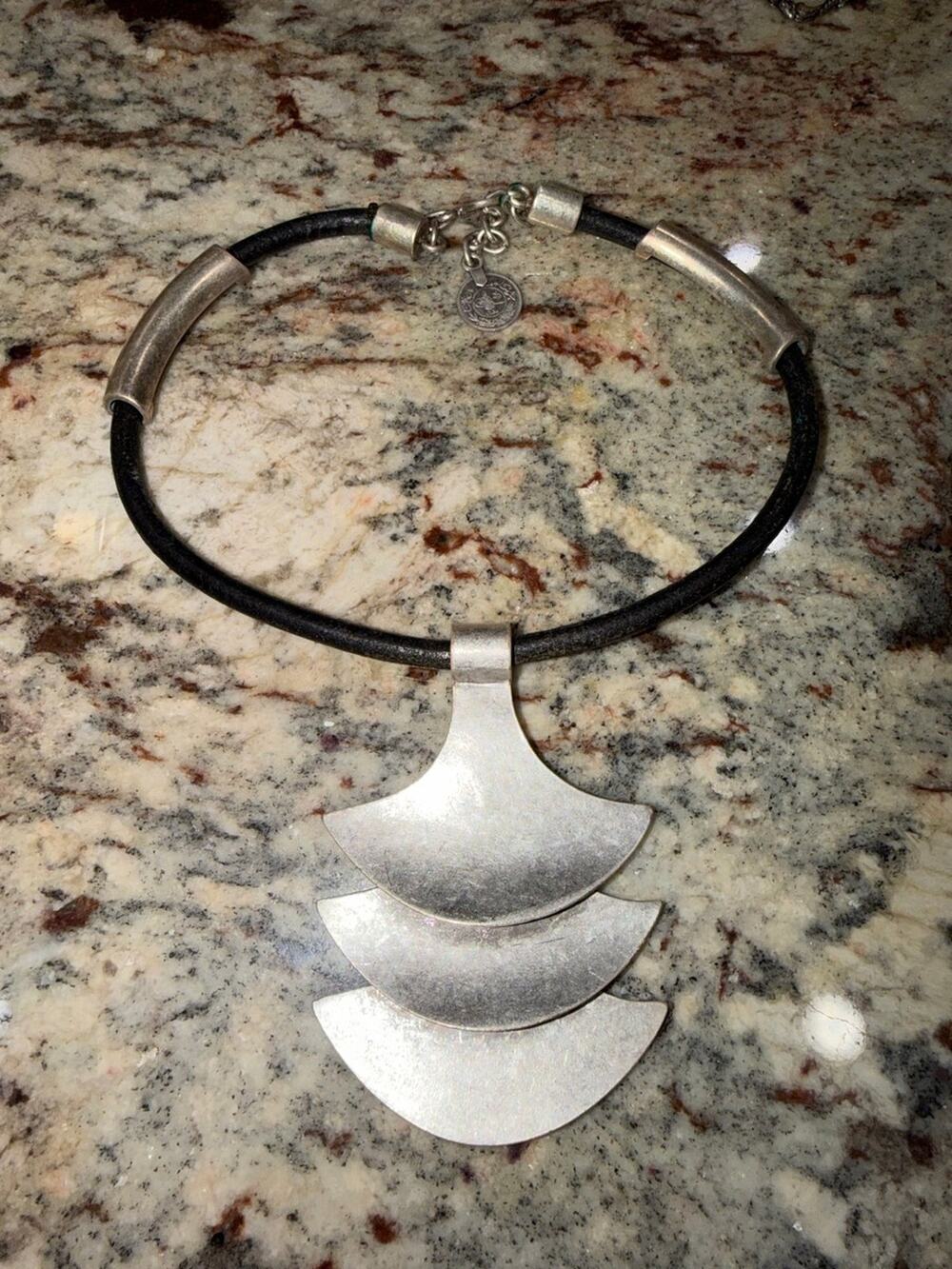 Tiered Fan Pendant Leather Cord Necklace with Coin Charm